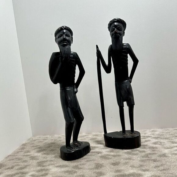 Vintage Pair of Hand Carved Tanganyika East African Tribesmen Statues Ebony 10”H - Picture 3 of 12